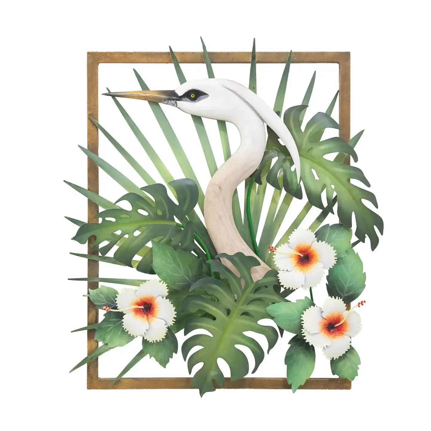 Heron Floral Frame Face Left Metal/Wood Wall Art