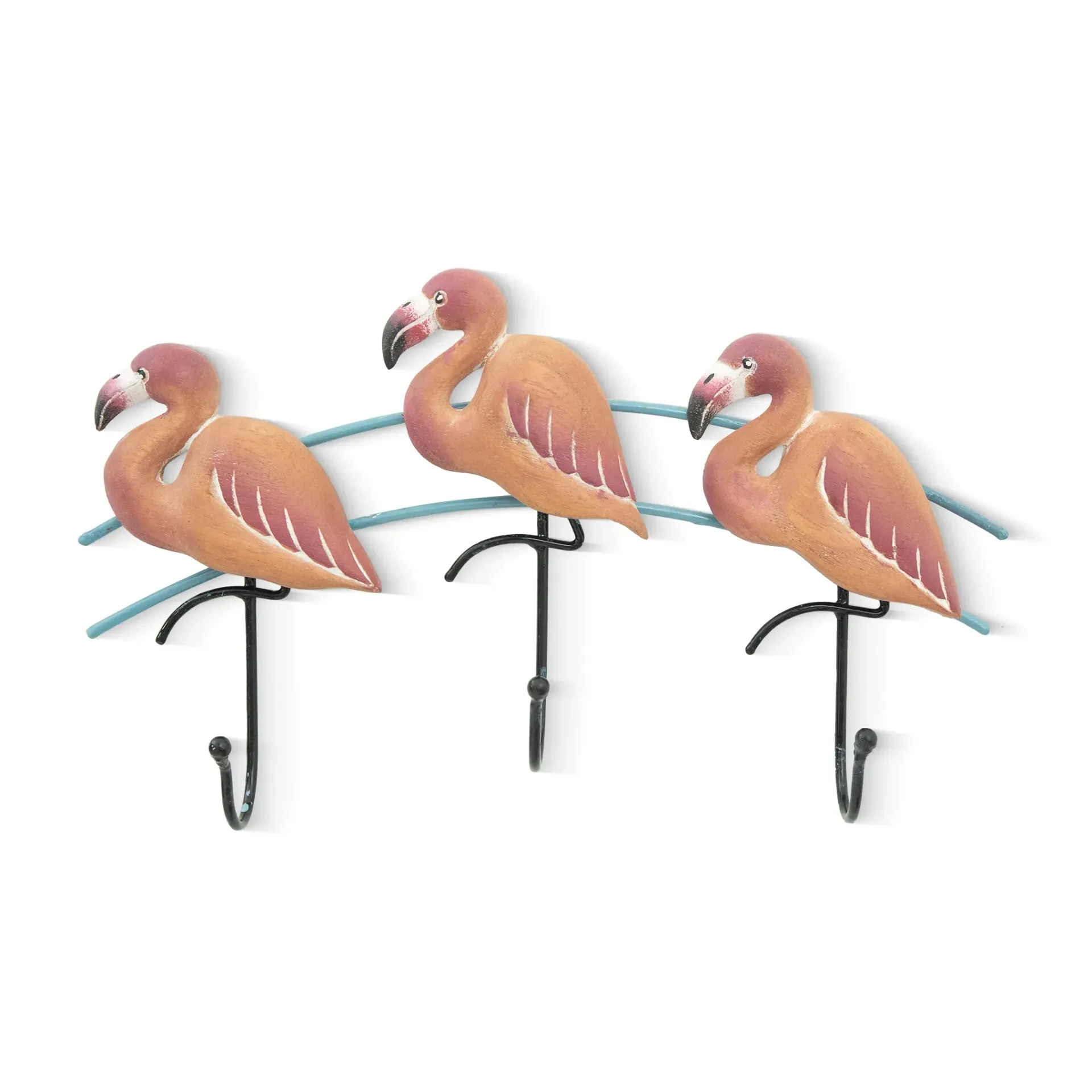 Three pink flamingoes on a curved metal rail with three hooks, one centered above the other two
