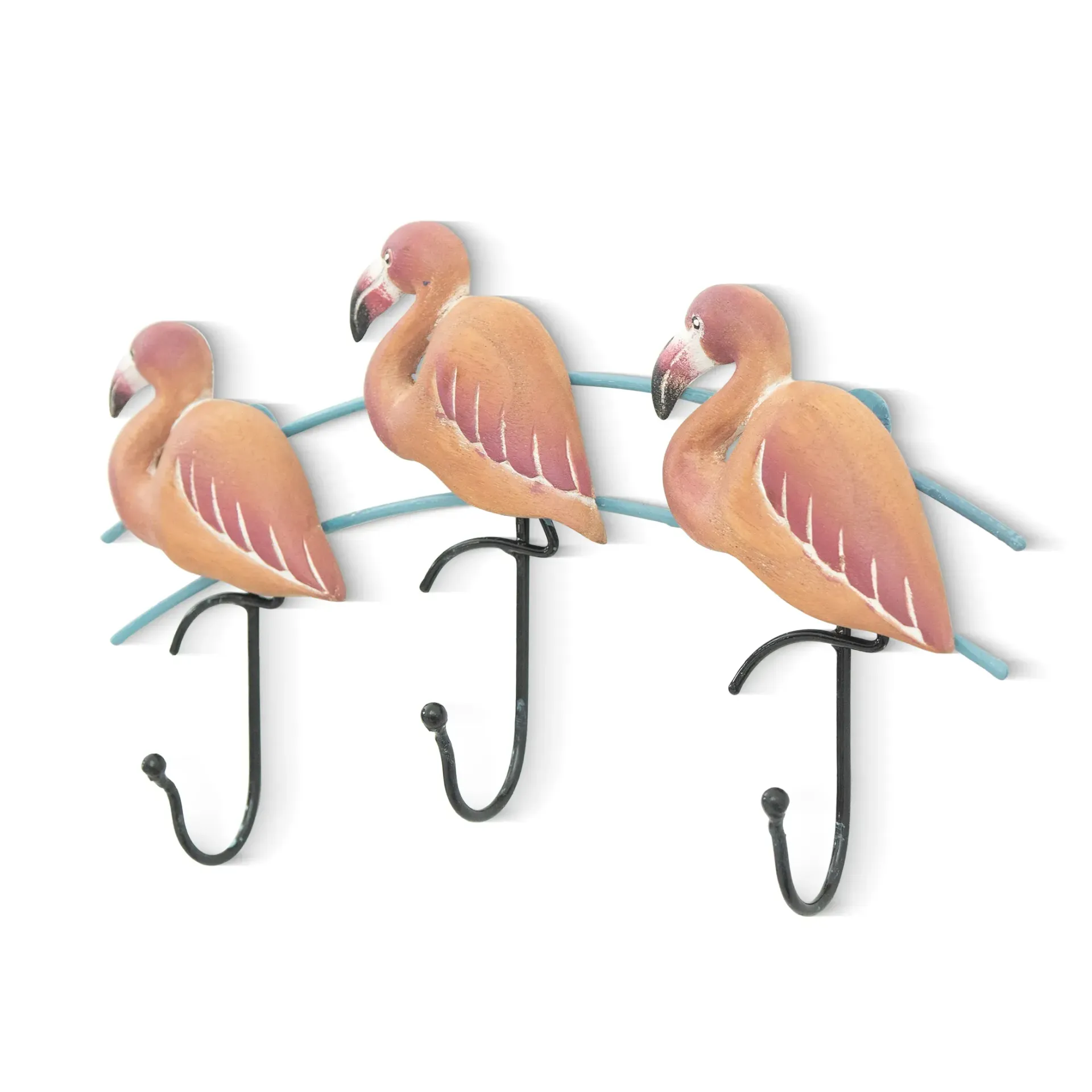 Three pink flamingoes on a curved metal rail with three hooks, one centered above the other two