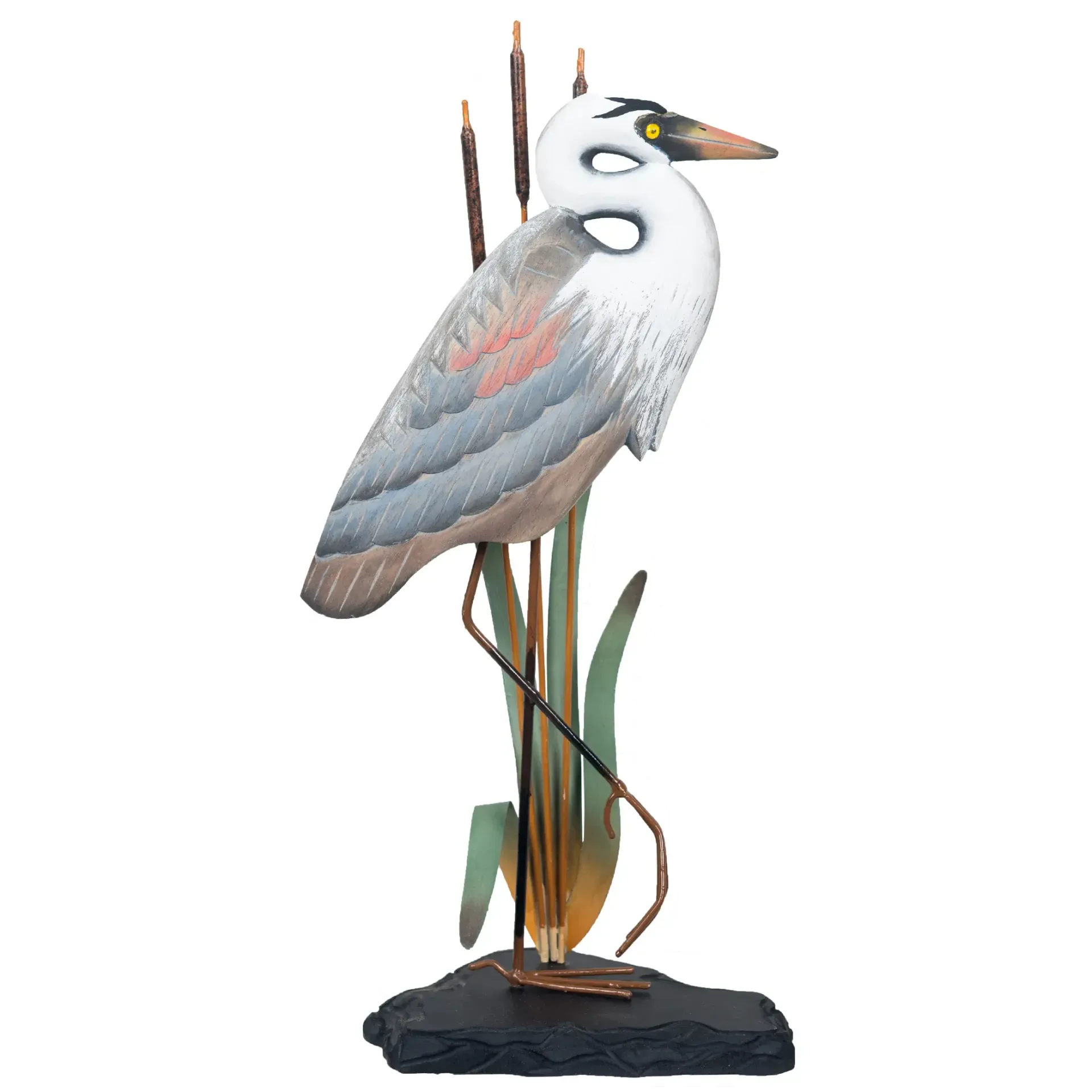 Carved Wooden Great Blue Heron sculpture with gray wings perched on Metal reeds atop a black base