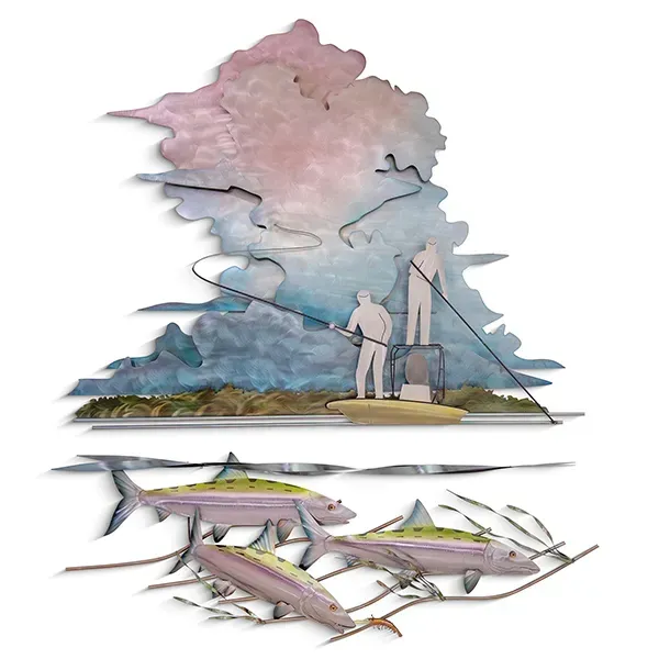 Stainless Steel Pastel illustration of two people flats fishing scene beneath a cloudy sky, with fish swimming below water