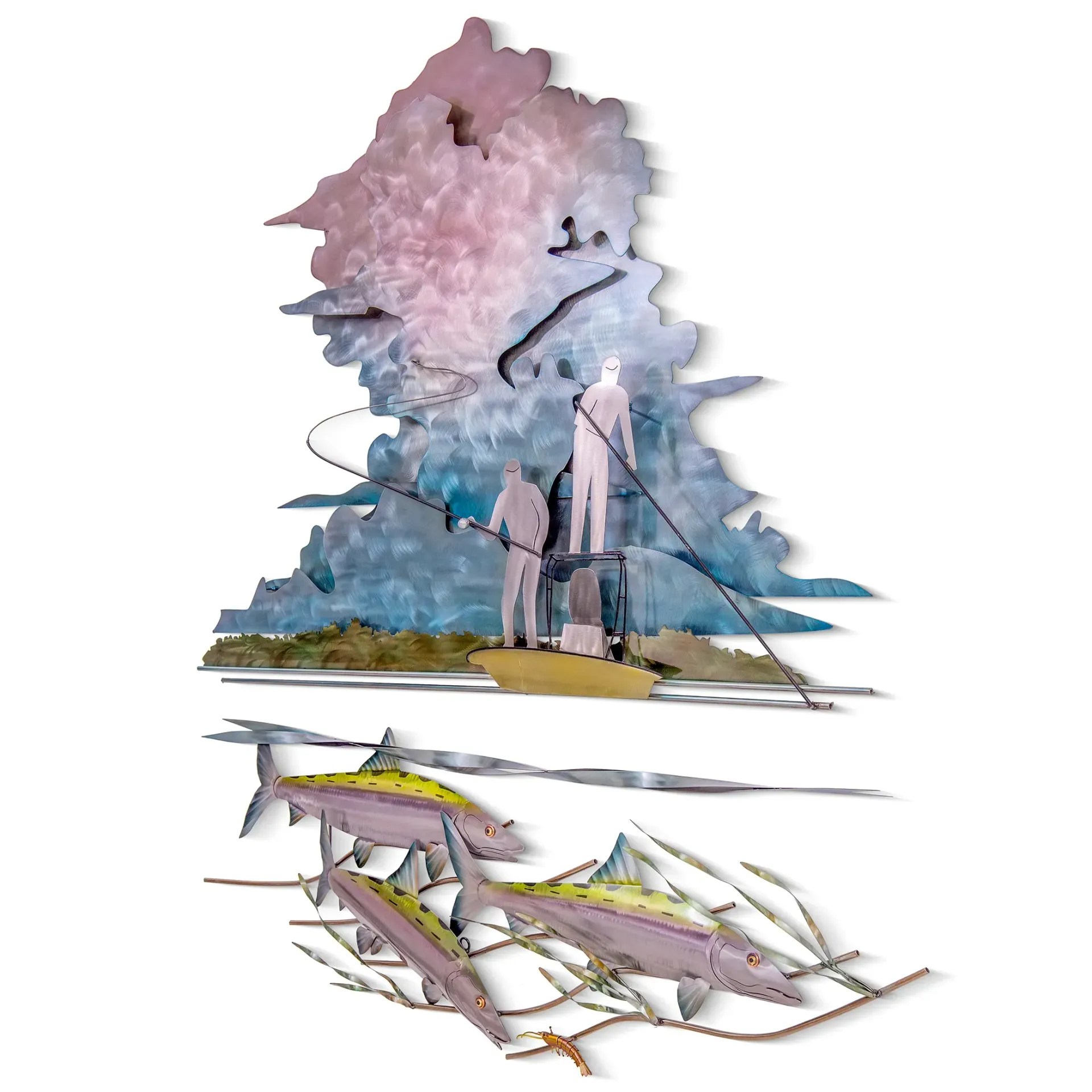 Stainless Steel Pastel illustration of two people flats fishing scene beneath a cloudy sky, with fish swimming below water