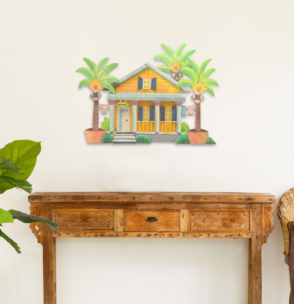 Yellow Caribbean House Metal Wall Art Patio/Lanai Safe