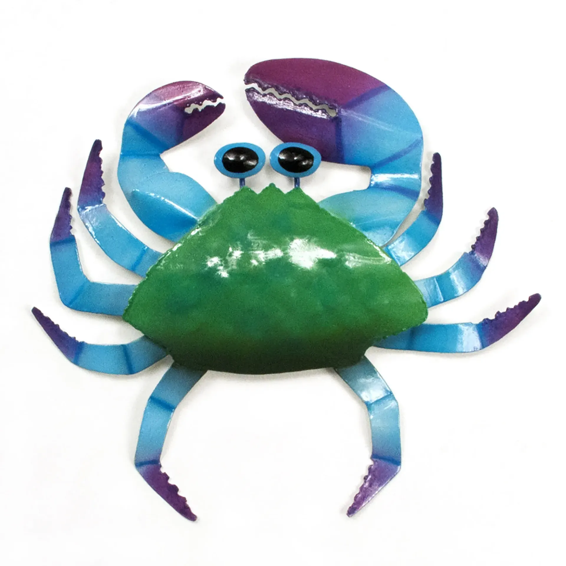 Metal Colorful crab with blue and purple claws and legs, green body, and big eyes Patio Safe