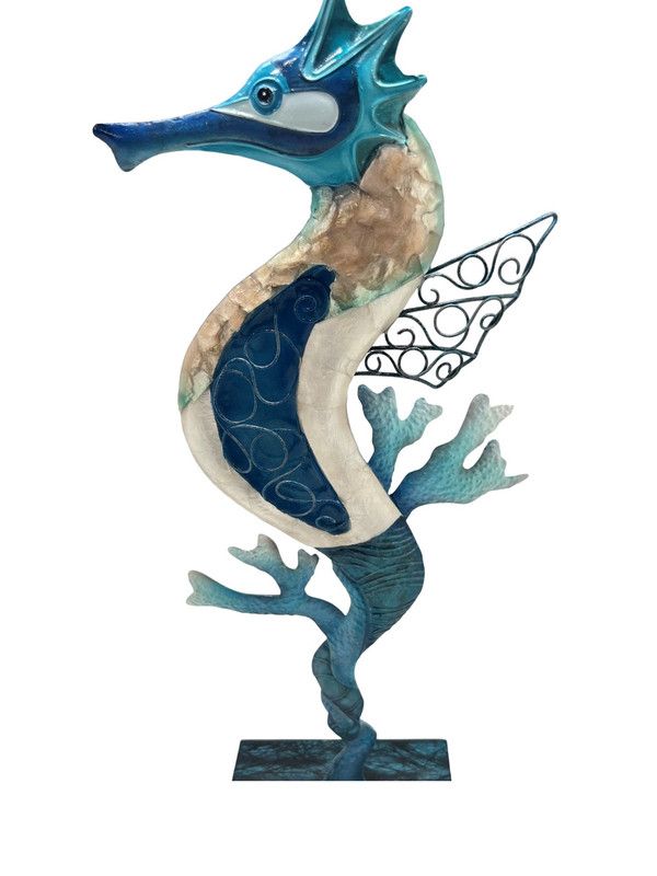 Blue & White Capiz Tabletop Seahorse KK BWC-SHR