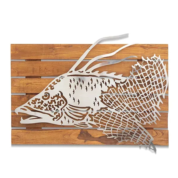 Hogfish & Seafan on Slat Teak (304 Stainless Steel/Outdoor) Wall Art