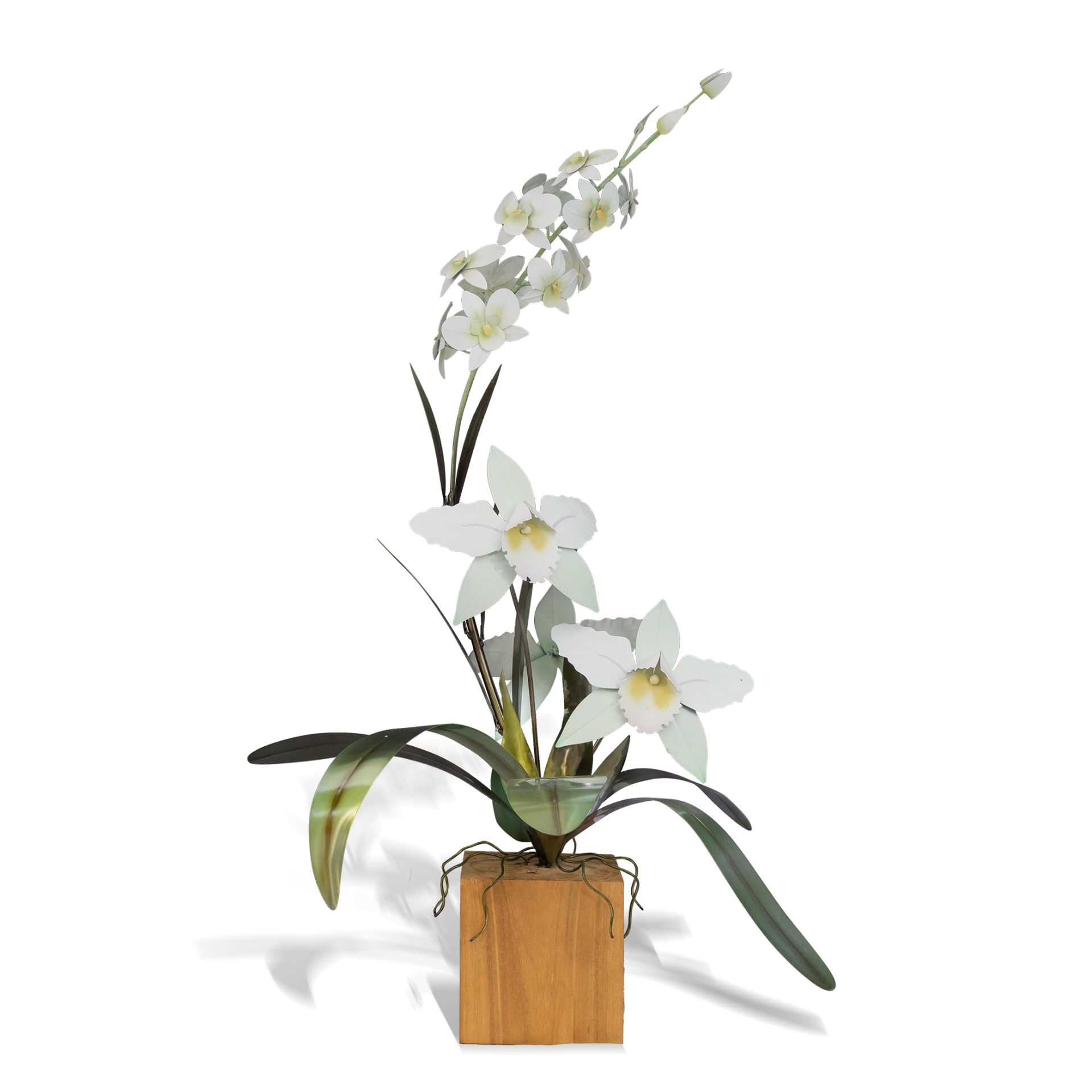 Cattleya/Dendrobium Orchid White on Teak Base Tabletop