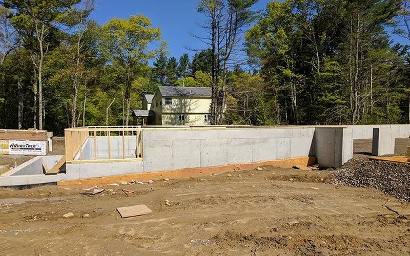 Partially built concrete foundation on a dirt lot with trees and a house in the background