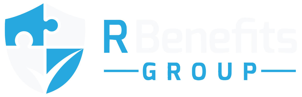Logo for R Benefits Group: a blue shield icon featuring a puzzle piece and a swoosh, with blue text to the right.