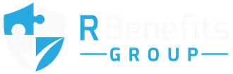 The R Benefits Group logo features a blue puzzle piece and a curved arrow on a shield icon next to the company name.