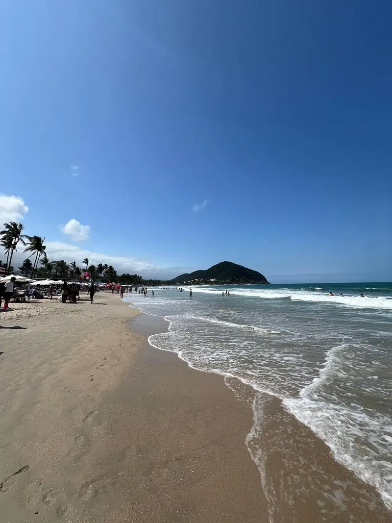 Praia ensolarada com ondas quebrando na costa, palmeiras, pessoas e uma ilha verde ao longe sob um céu azul claro.