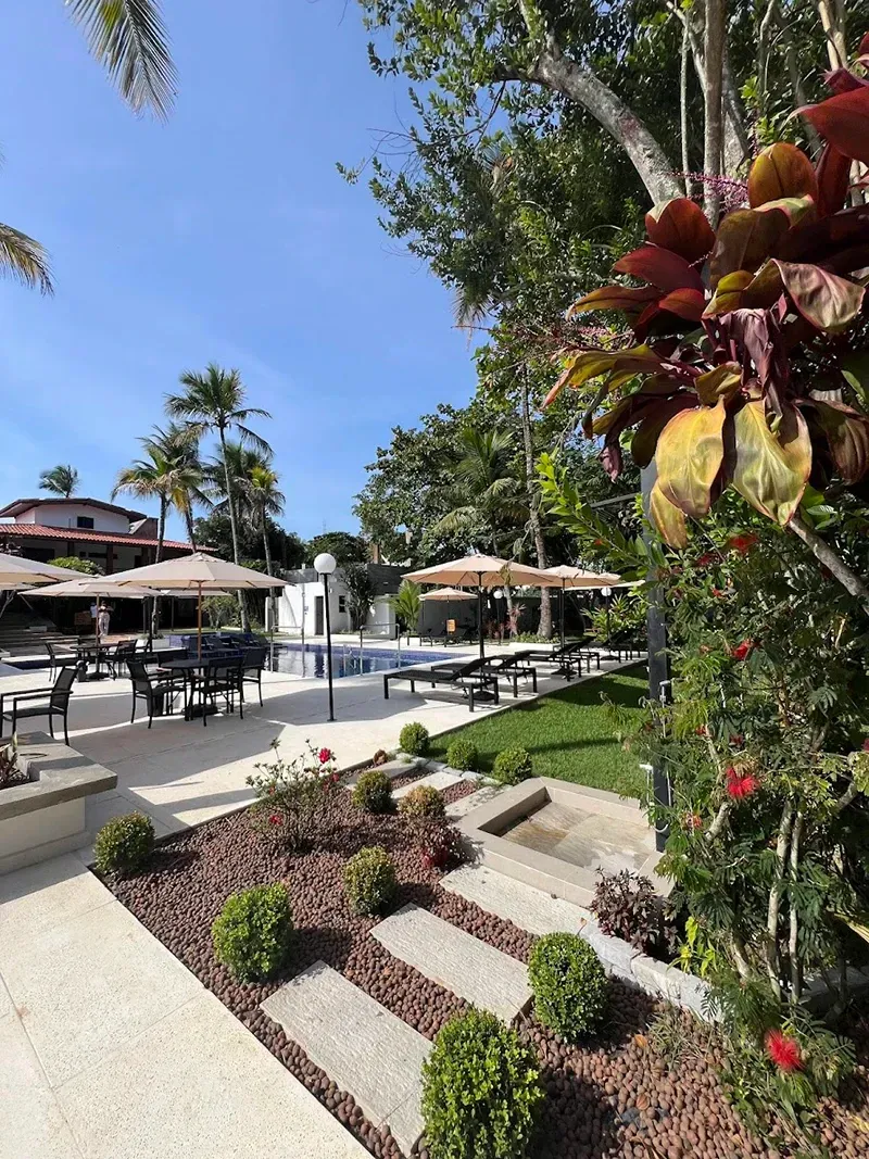 Pátio de resort tropical com piscina, espreguiçadeiras, palmeiras e plantas floridas sob um céu azul.