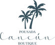 Logotipo da Pousada Cancún Boutique com duas palmeiras escuras e texto em estilo cursivo elegante.
