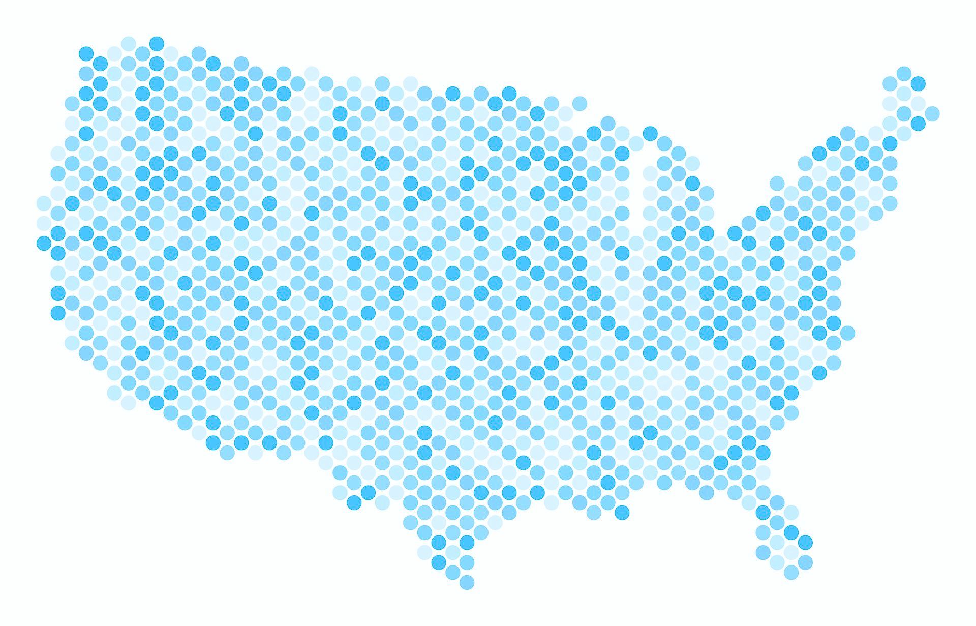 United States map, formed from blue hexagonal tiles, with varying shades.
