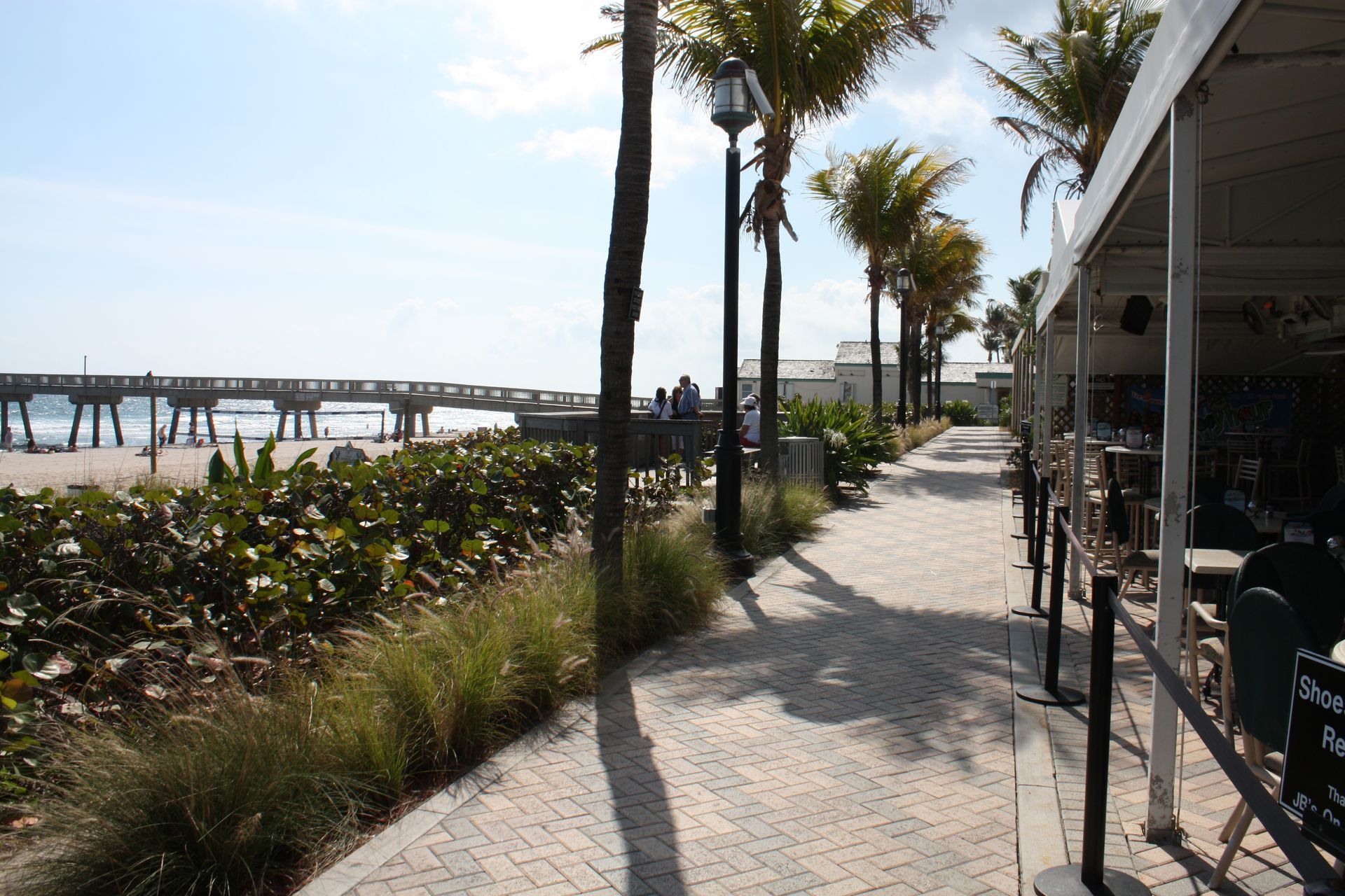 A brick walkway leading to a beach with palm trees