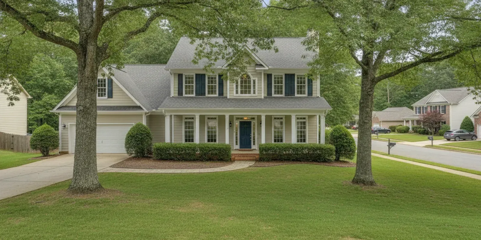 A Georgia home with a new asphalt shingle roof under a clear sky