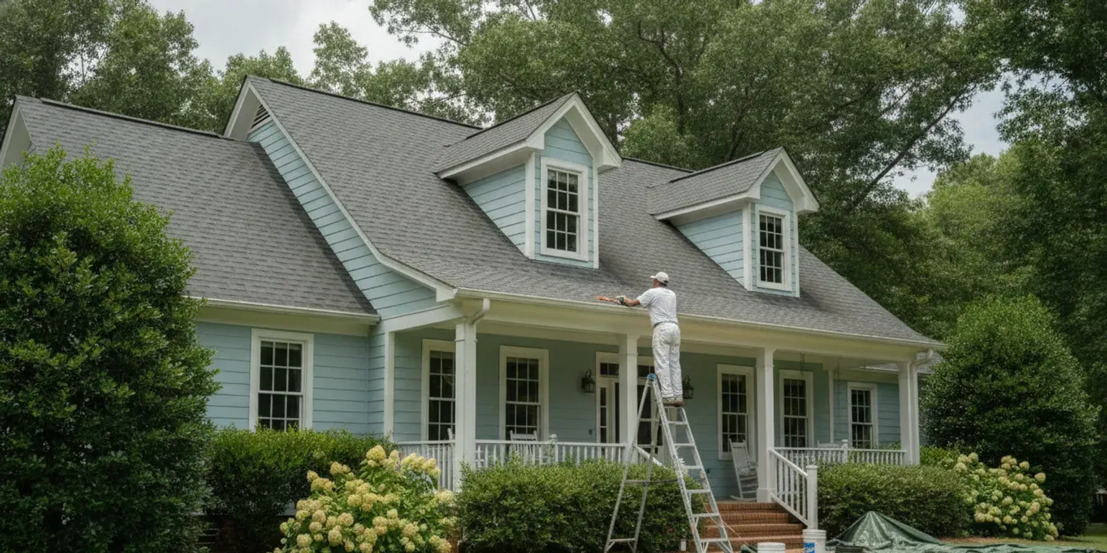 Georgia home with asphalt shingle roof protected during exterior house painting