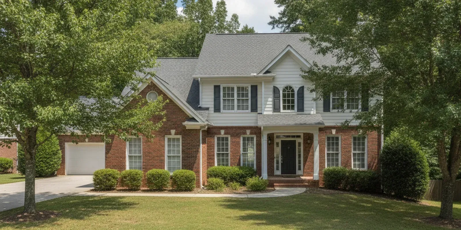 A Georgia home with asphalt shingles and a clean gutter system beneath leafy trees