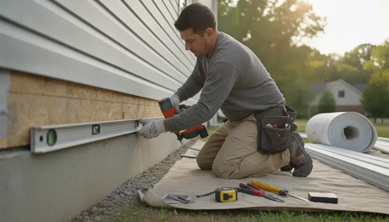 Professional installer aligning a vinyl siding starter strip above a home foundation