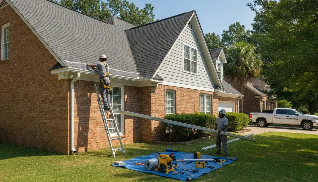 Professional seamless aluminum gutter installation on an Atlanta home with gutter guard system