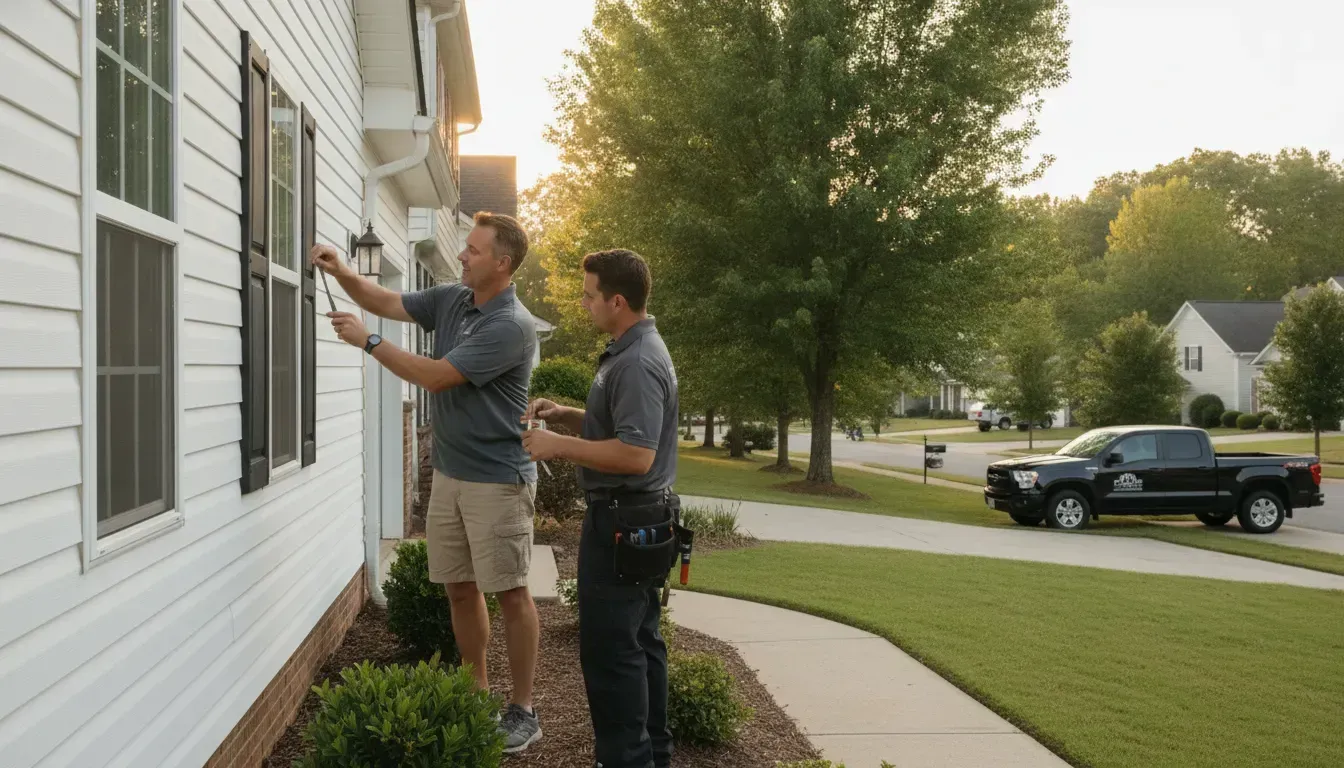 Homeowner comparing a vinyl siding installation contractor beside a Georgia home