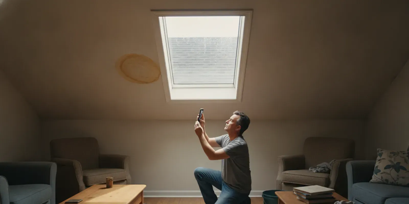 Homeowner documenting water near a skylight after rain