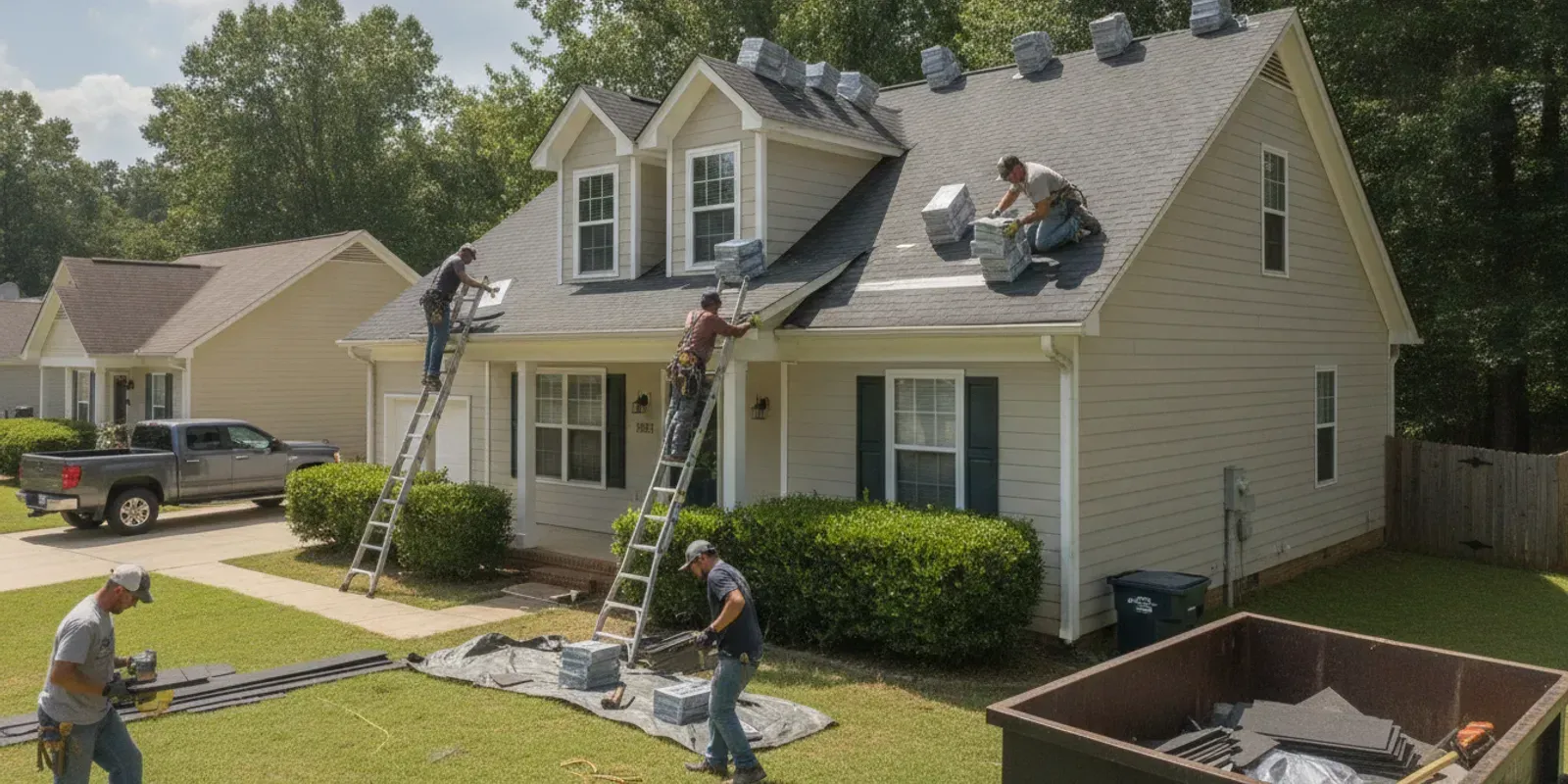Roofing crew installing asphalt shingles on a Georgia home