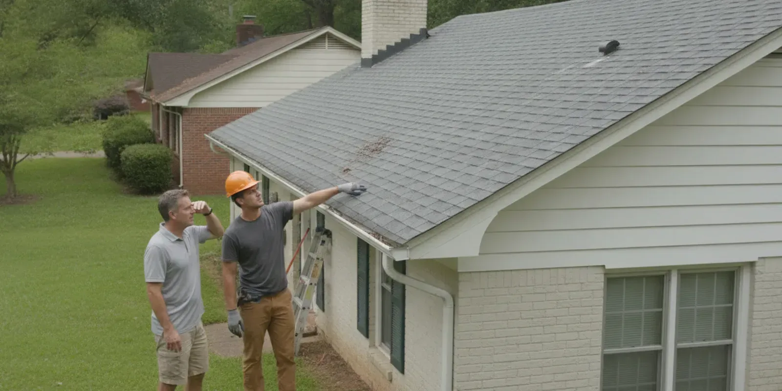 A Georgia homeowner reviewing an asphalt shingle roof with a roofing professional