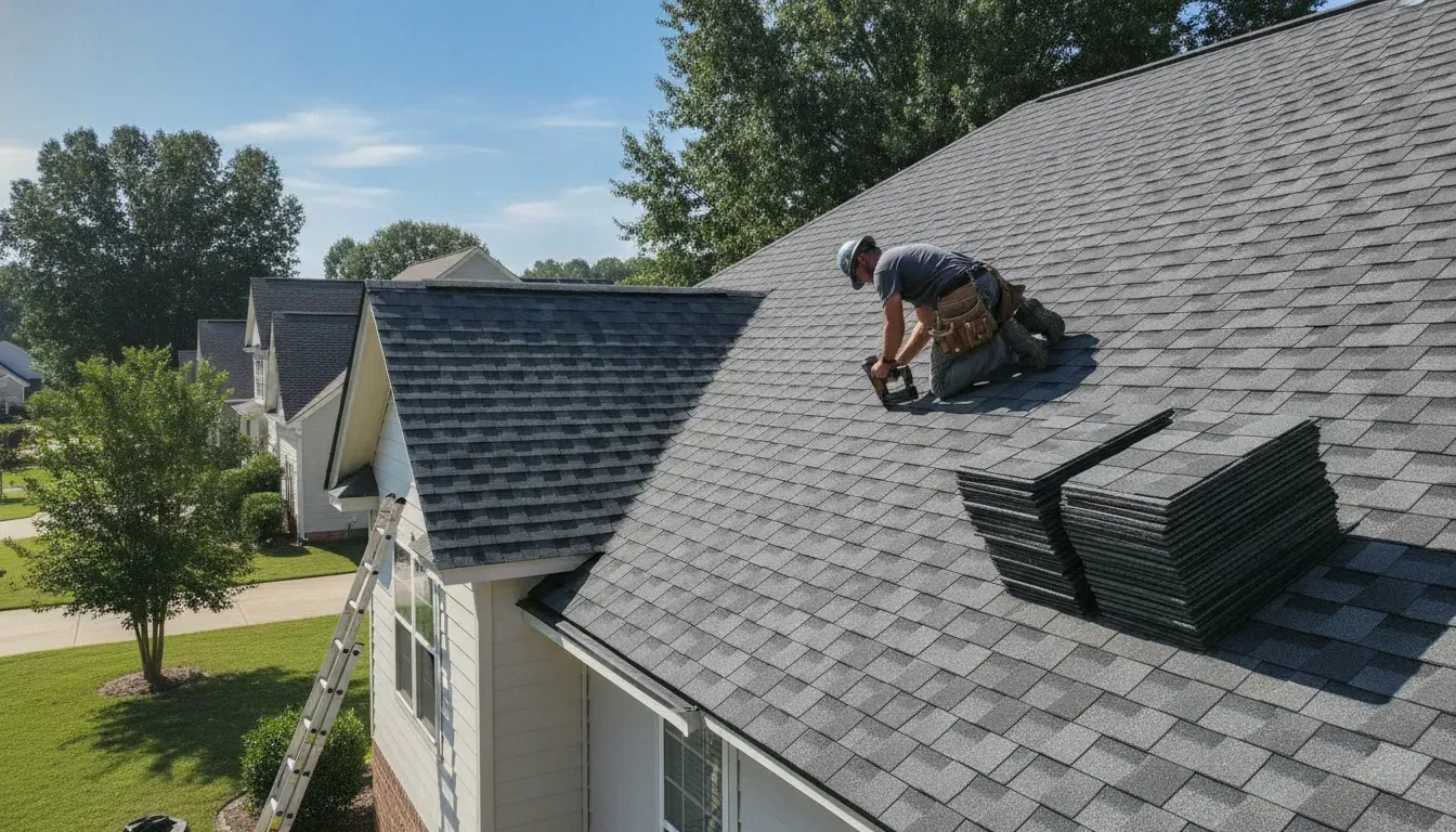A professional roofer installing architectural shingles on a residential home in McDonough Georgia on a sunny day