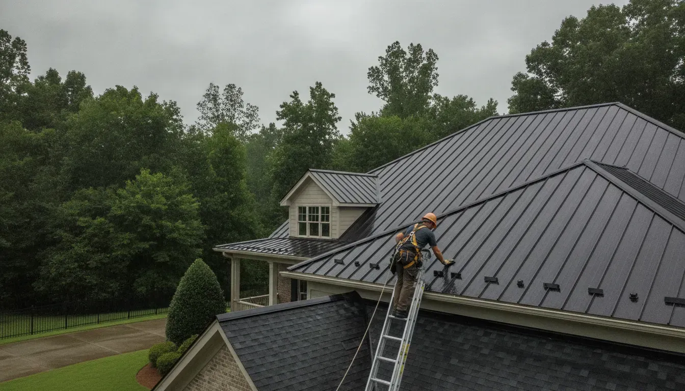 Roofing professional inspecting a metal roof after heavy rain