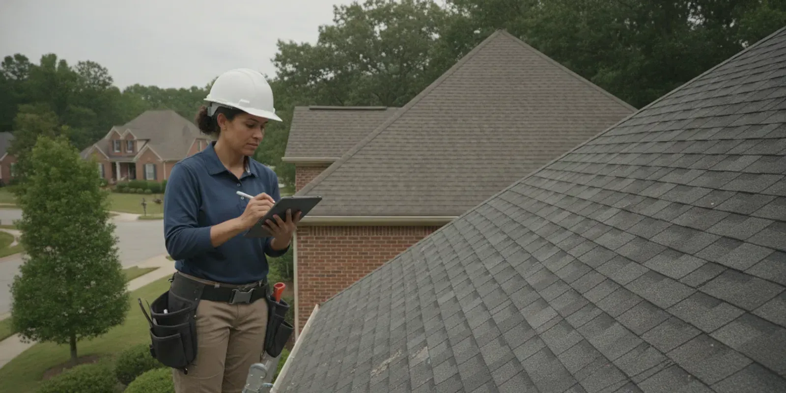 Roofing professional examining asphalt shingles on a Georgia home after a storm