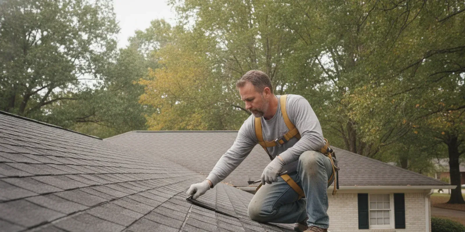 Roofing professional examining asphalt shingles on a Georgia home
