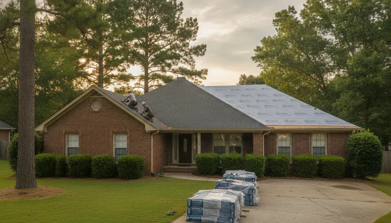 Crew installing new shingles on a brick Georgia home while the other roof slope waits under underlay