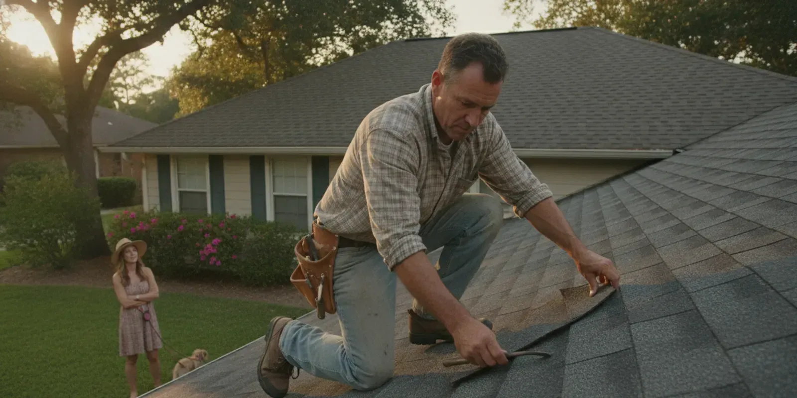 Roofing professional examining asphalt shingles on a Georgia home with the property owner nearby