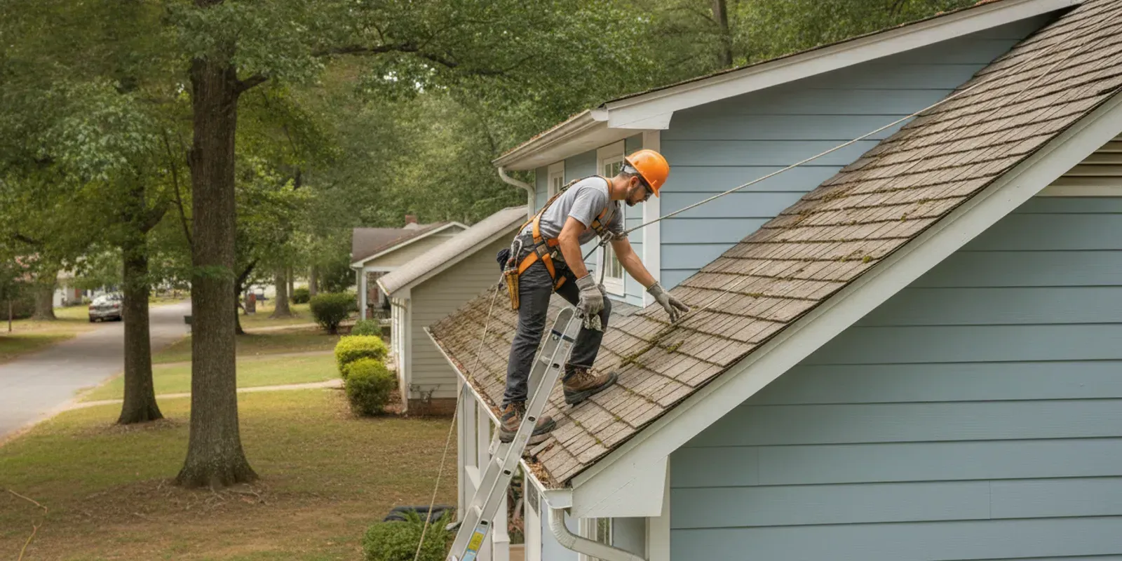 A roofer assessing a damaged area on a wood shake roof