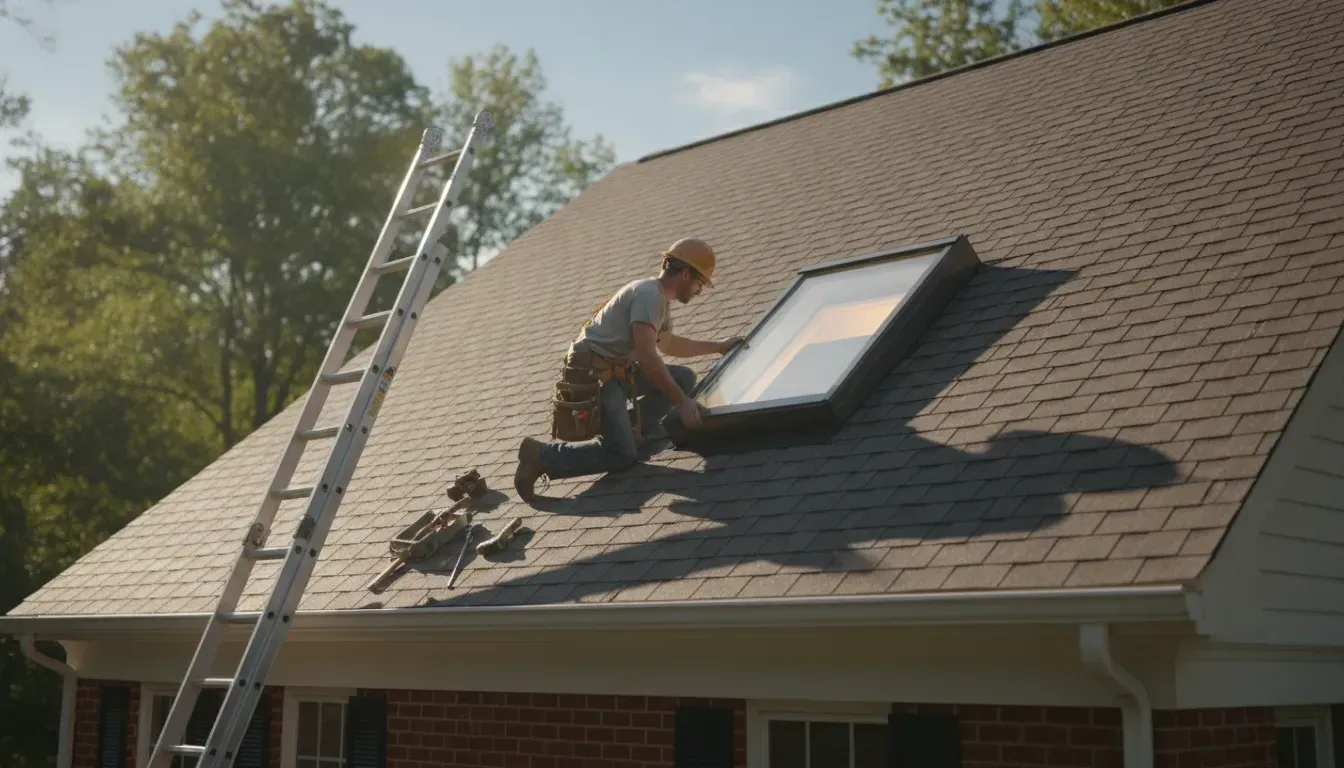 Professional roofer installing a skylight on a residential roof