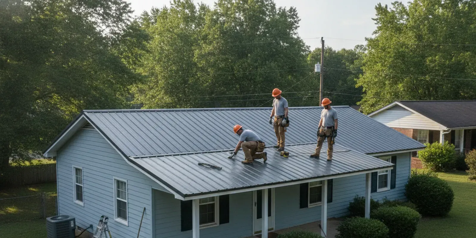 Roofing professionals reviewing a standing seam metal roof on a Georgia home