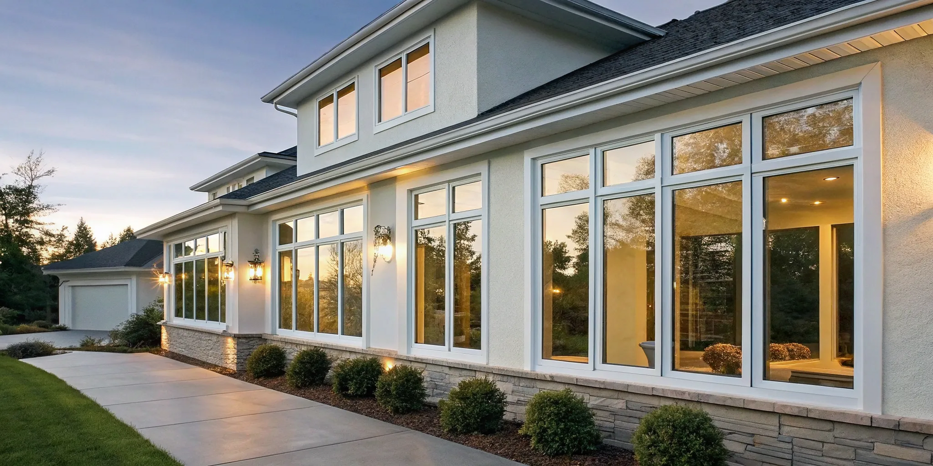 Large replacement windows on a modern home exterior at sunset.