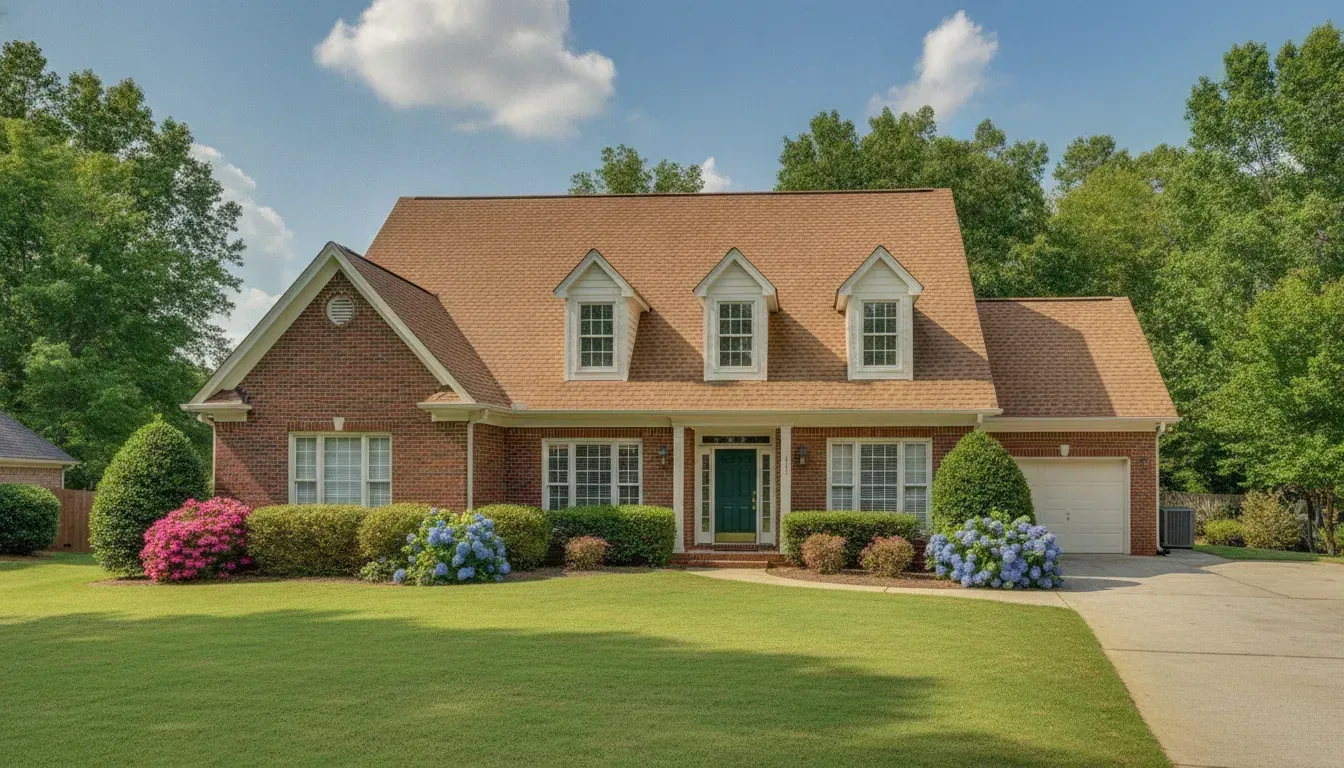 A beautifully maintained Georgia home with a warm-toned asphalt shingle roof under a bright blue sky