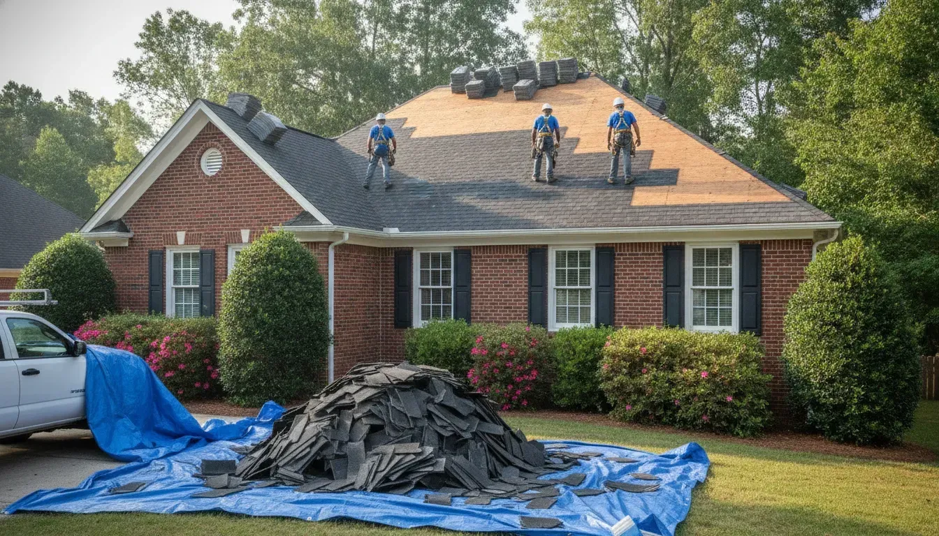 Georgia roofing crew protecting a home during an asphalt shingle replacement