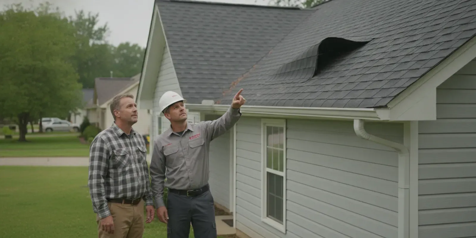 Georgia homeowner reviewing wind-damaged asphalt shingles with a roofing professional during a safe