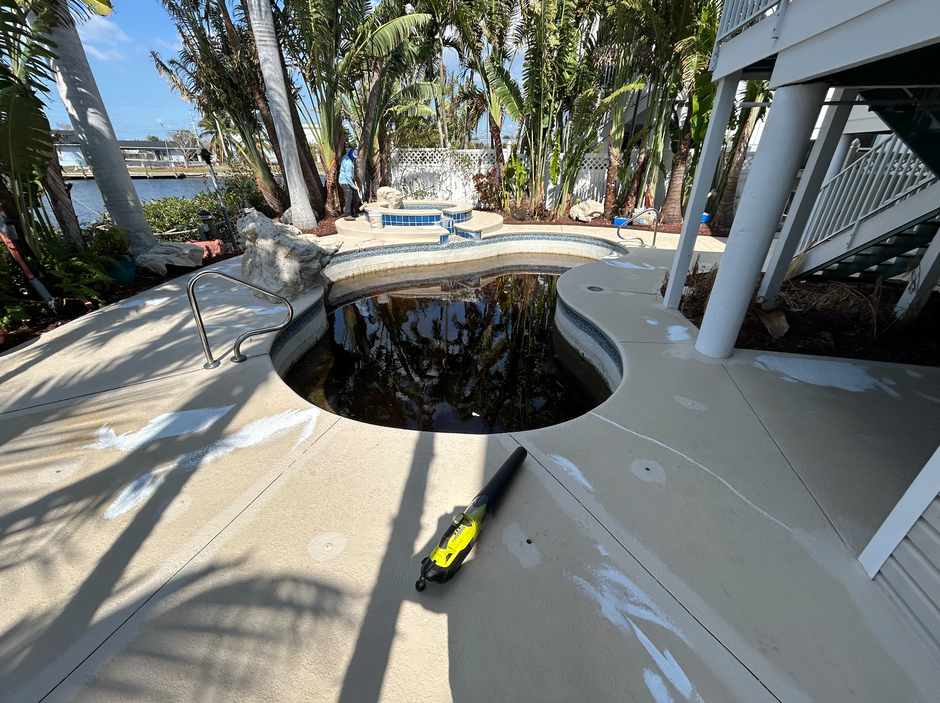 Empty, murky swimming pool with a tool on its deck, palm trees in the background.