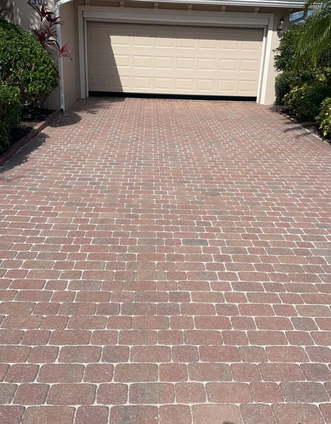 Brick driveway leading to a garage with a partially open door; surrounded by greenery.