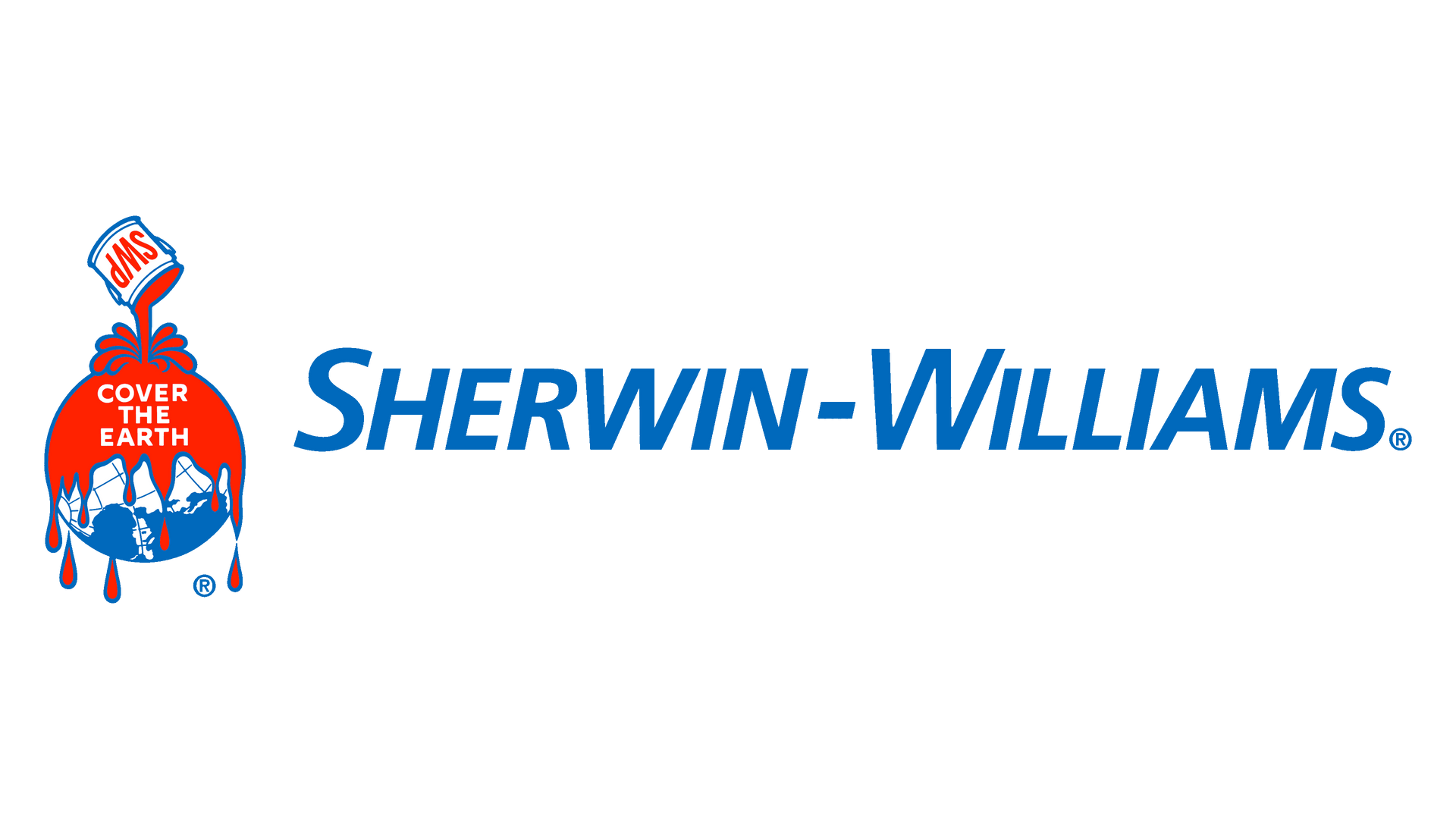 Sherwin-Williams logo: paint can spilling red paint over a globe, with blue text: Sherwin-Williams.