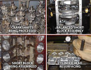 Crankshafts being processed, Balanced Short Block Assembly, Short Block being assembled and Cylinder Head Resurfacing