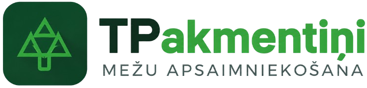 TPakmenīni logo with green tree icon and Latvian text “MEŽU APSAIMNIEKOŠANA” on white background