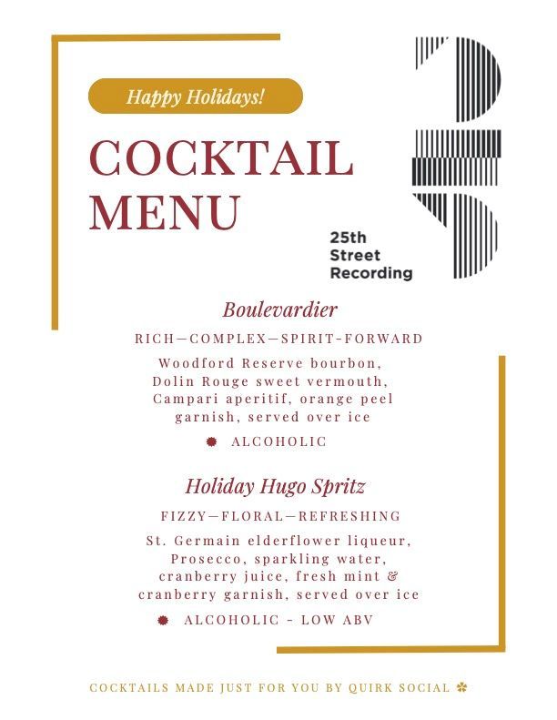 Holiday party cocktail menu for a recording studio in Oakland, CA including the Boulevardier and the Holiday Hugo spritz