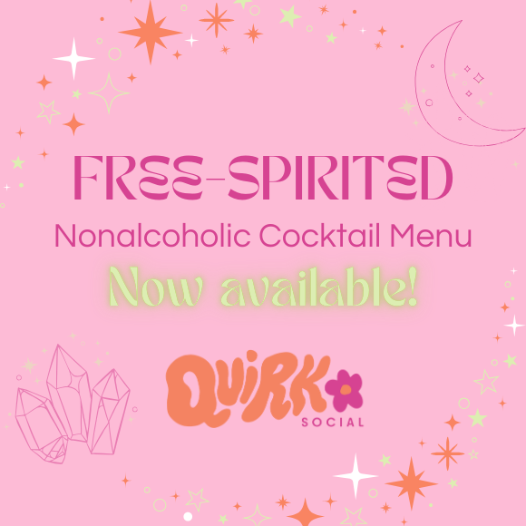 Pink graph Free-Spirited nonalcoholic cocktail menu available. Featuring stars, crystals, and a crescent moon.