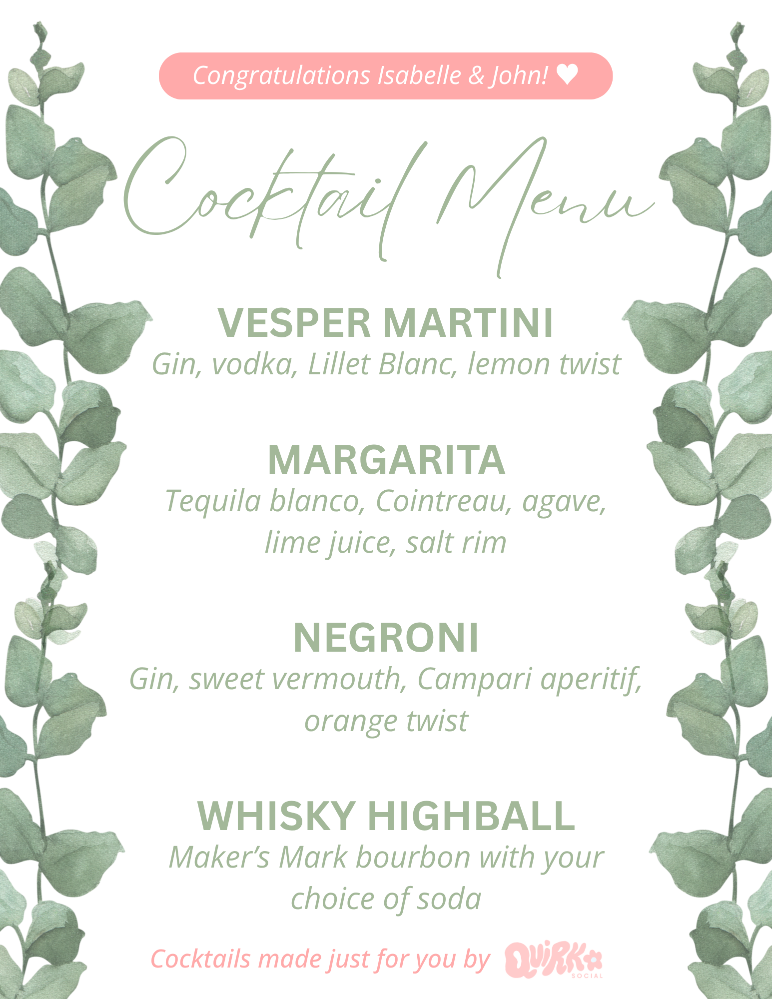 UC Berkeley Botanical Gardens Wedding Cocktail Menu