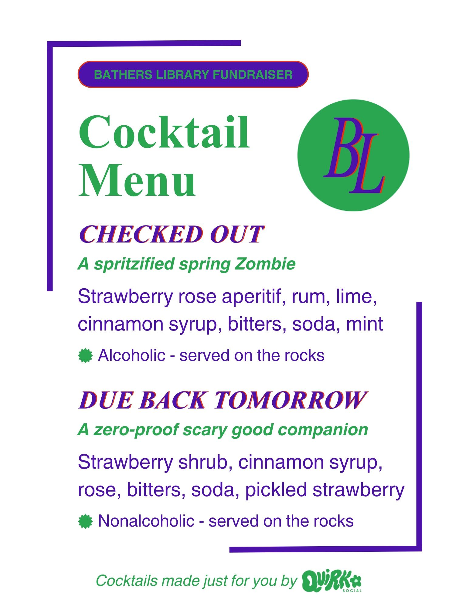 Bathers Library arts and community space fundraiser cocktail menu with 2 customized cocktails 1 with alcohol 1 nonalcoholic